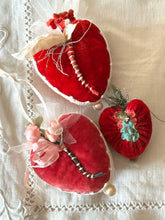 Load image into Gallery viewer, Deep Rose Red Velvet Heart Token with Pink Flowers