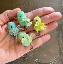 Load image into Gallery viewer, Tiny Wool Spring Chicks with Hand dyed Blossoms and Ribbons