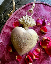 Load image into Gallery viewer, Sacred Heart Gold Locket Ornament - Miniature Flaming Cross Heart Token