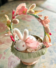Load image into Gallery viewer, Tiny Needle Felted Bunny in a Pink Flowered Spring Egg Basket