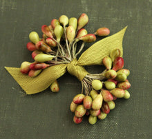 Load image into Gallery viewer, Olive Green Blush Stamens- 30 Red Tipped Millinery Stamens - Wedding Corsage Supplies - Fall Olive Flower Making Stamen Pips - Headband