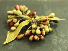 Load image into Gallery viewer, Olive Green Blush Stamens- 30 Red Tipped Millinery Stamens - Wedding Corsage Supplies - Fall Olive Flower Making Stamen Pips - Headband