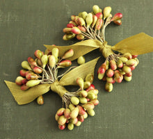 Load image into Gallery viewer, Olive Green Blush Stamens- 30 Red Tipped Millinery Stamens - Wedding Corsage Supplies - Fall Olive Flower Making Stamen Pips - Headband