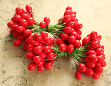 Load image into Gallery viewer, XLARGE Holly Berry Stamens 1/2 Inch Wired Millinery Stamens Holiday DIY Floral Trims - 36 XLarge Double Ended Vintage Style Package Ties