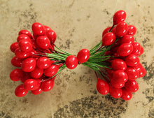 Load image into Gallery viewer, XLARGE Holly Berry Stamens 1/2 Inch Wired Millinery Stamens Holiday DIY Floral Trims - 36 XLarge Double Ended Vintage Style Package Ties