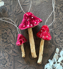 Load image into Gallery viewer, Red Silk Velvet Mushroom Ornaments Set of 3 Made to Order Woodland Velvet Toadstool Decorations