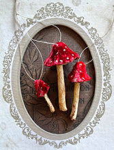 Load image into Gallery viewer, Red Silk Velvet Mushroom Ornaments Set of 3 Made to Order Woodland Velvet Toadstool Decorations