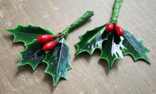 Load image into Gallery viewer, Lacquered Holly Leaves with Wired Red Berries - Christmas Packaging Trims Millinery Picks - Vintage Style Holly Leaves