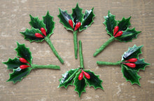 Load image into Gallery viewer, Lacquered Holly Leaves with Wired Red Berries - Christmas Packaging Trims Millinery Picks - Vintage Style Holly Leaves