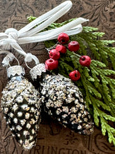 Load image into Gallery viewer, 12 Days of Christmas Glittered Glass Pinecones on Velvet Ribbons

