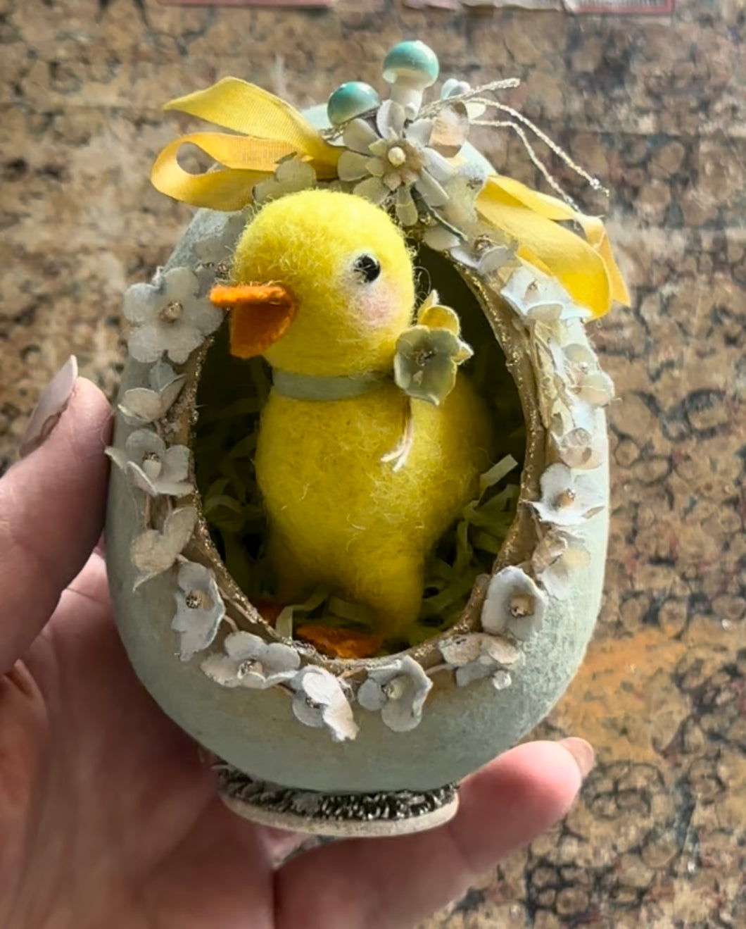 Tiny Needle Felted Chick in a Large Decorated Egg