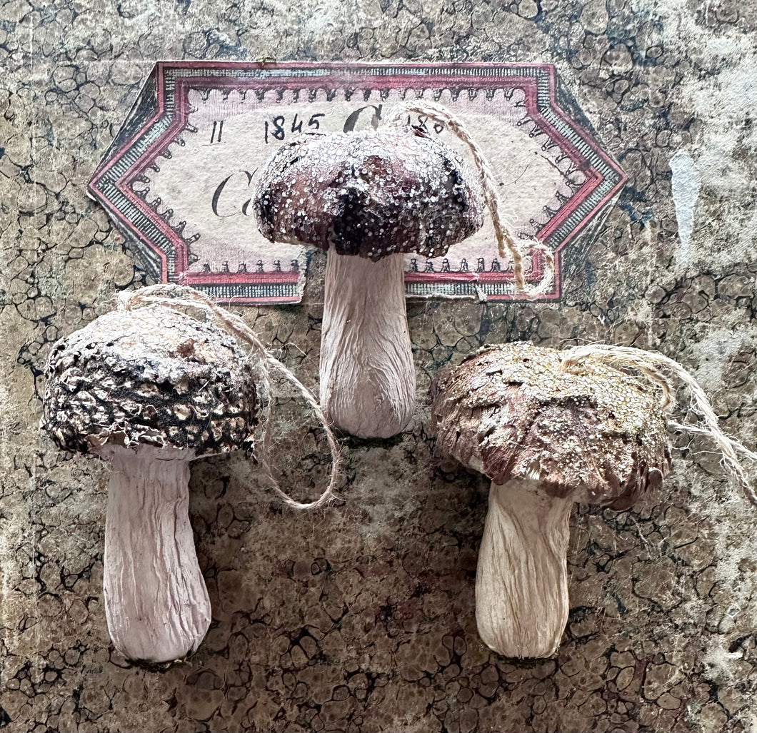 Fairy Toadstools Glittered Rustic Mushroom Bark and Moss Ornaments