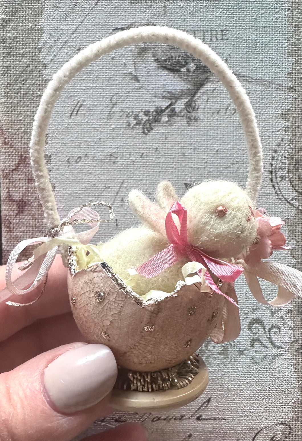 Tiny Needle Felted Bunny in a Pink Spring Egg Basket
