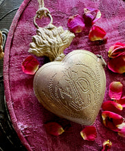 Load image into Gallery viewer, Sacred Heart Gold Locket Ornament  - Miniature Flaming Cross Heart Token
