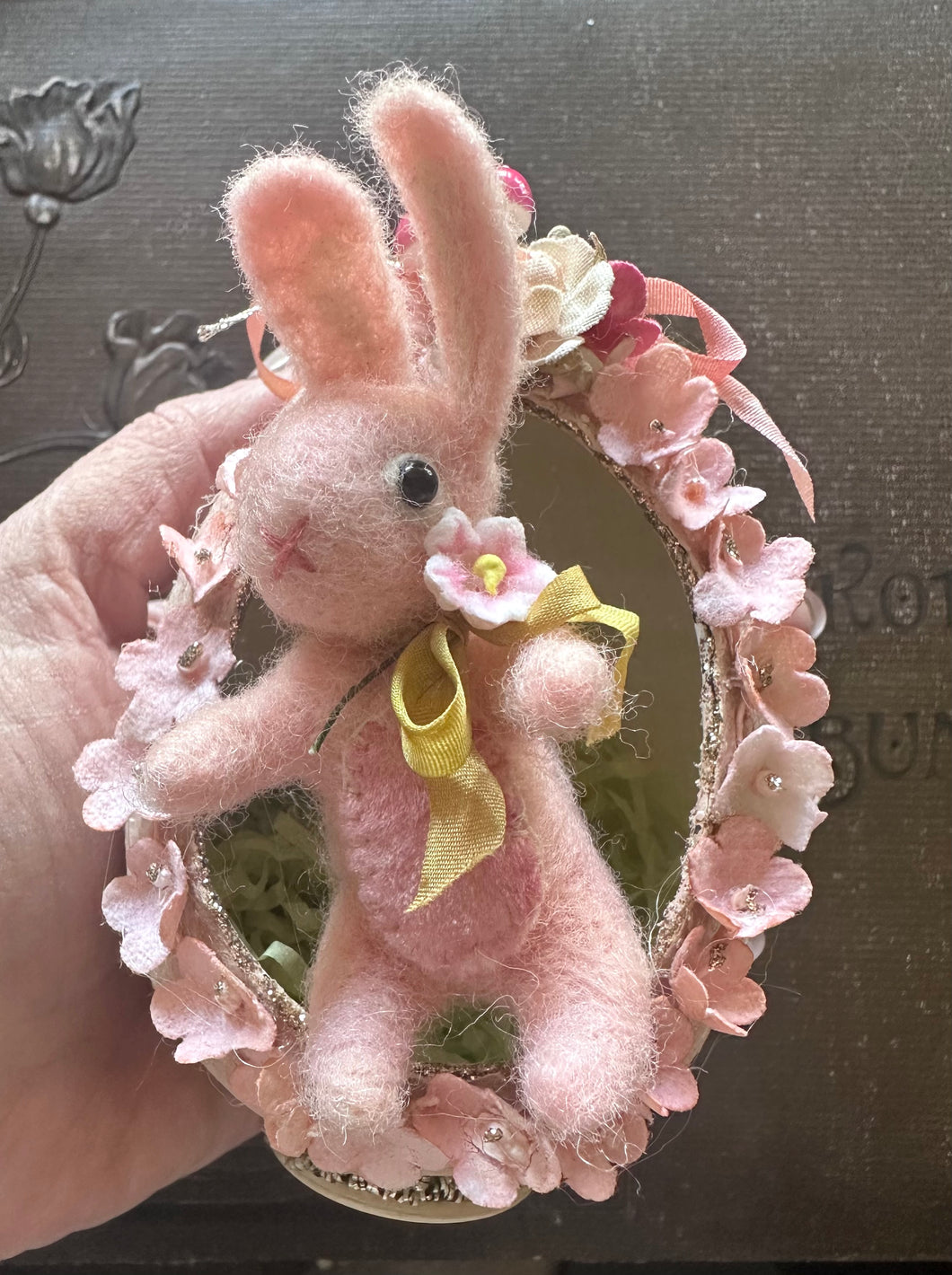 Tiny Needle Felted Pink Bunny in a Large Decorated Egg
