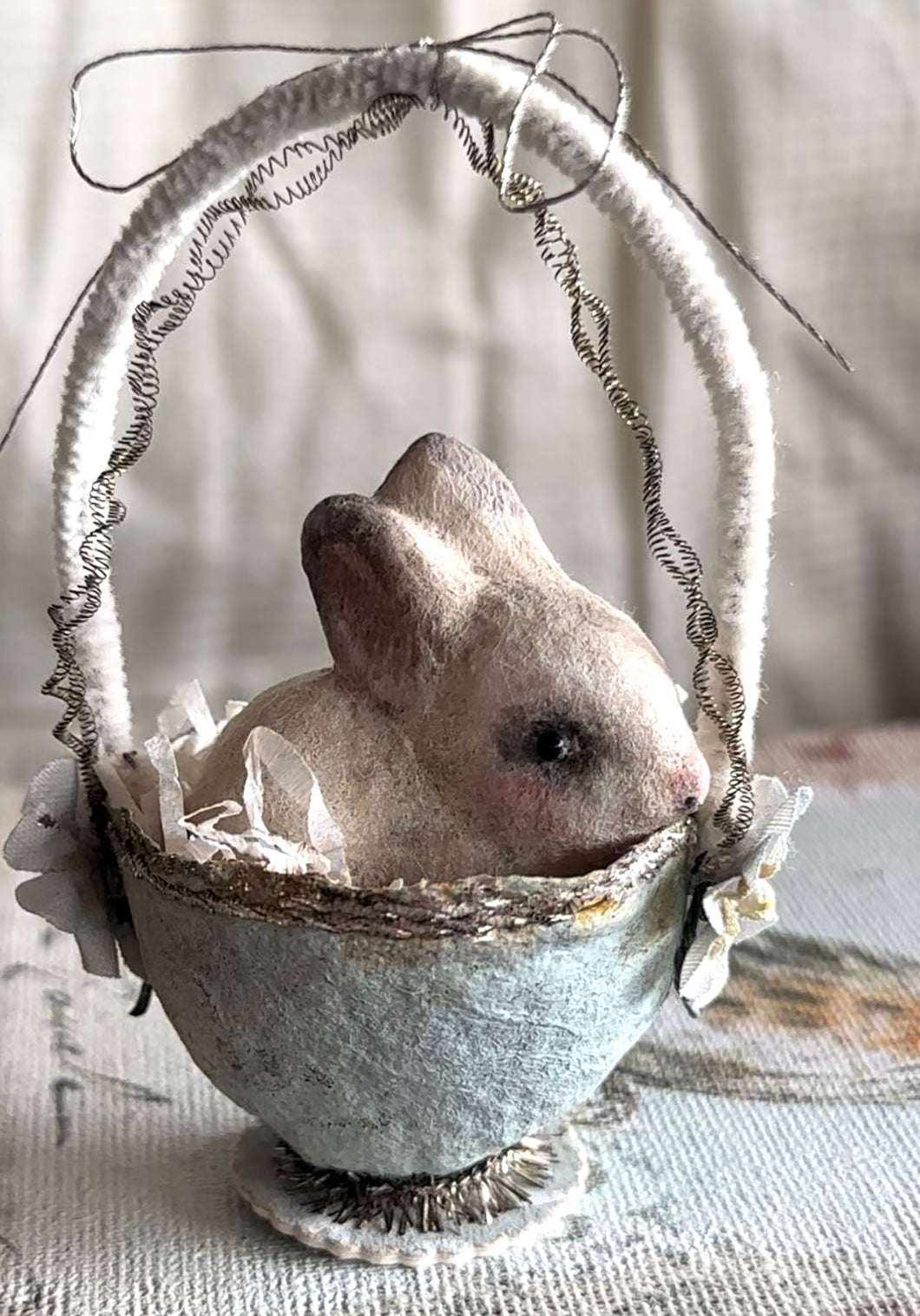 MADE TO ORDER Tiny Spun Cotton Bunny Nestled in a Spun Cotton Basket