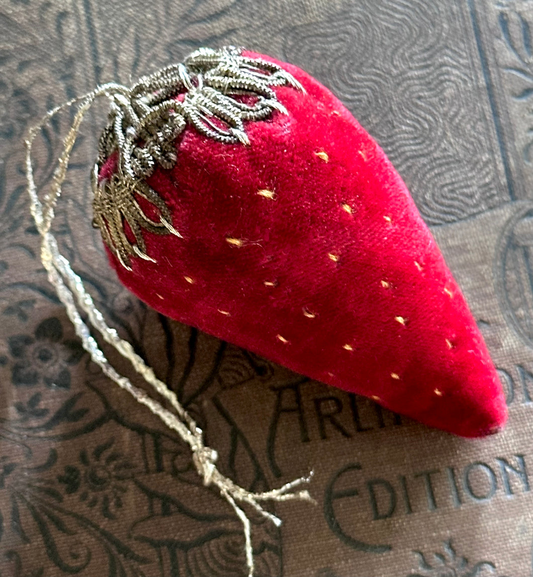 Vintage Red Velvet Strawberry Pincushion with Silver Bouillon Cap