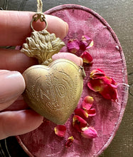 Load image into Gallery viewer, Sacred Heart Gold Locket Ornament  - Miniature Flaming Cross Heart Token
