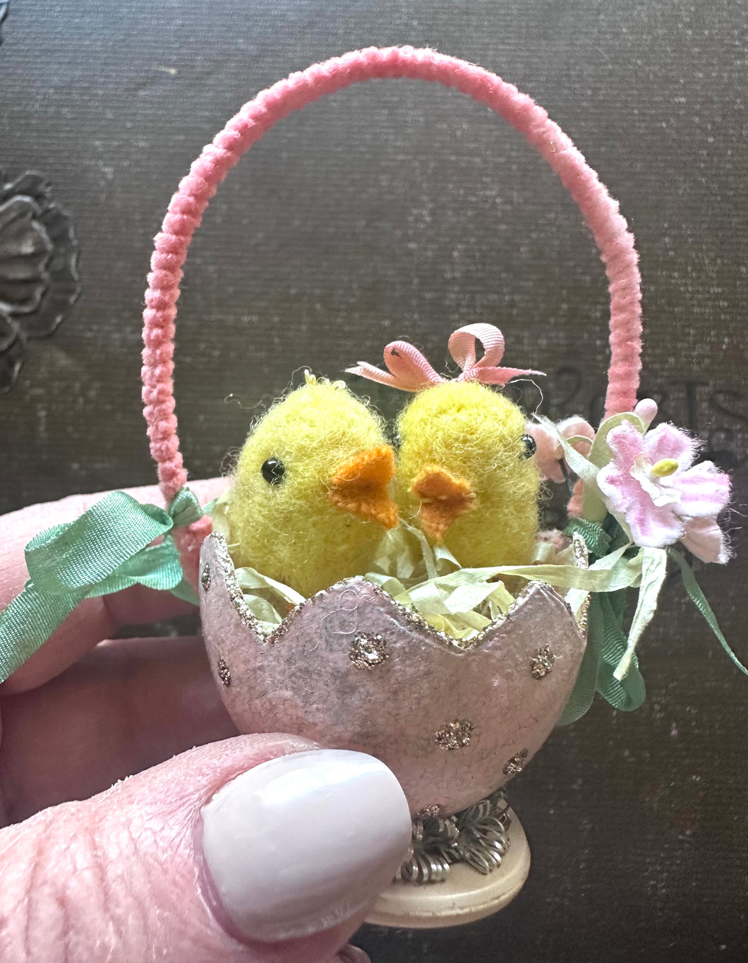 Tiny Needle Felted Twin Chicks in a Spring Egg Basket