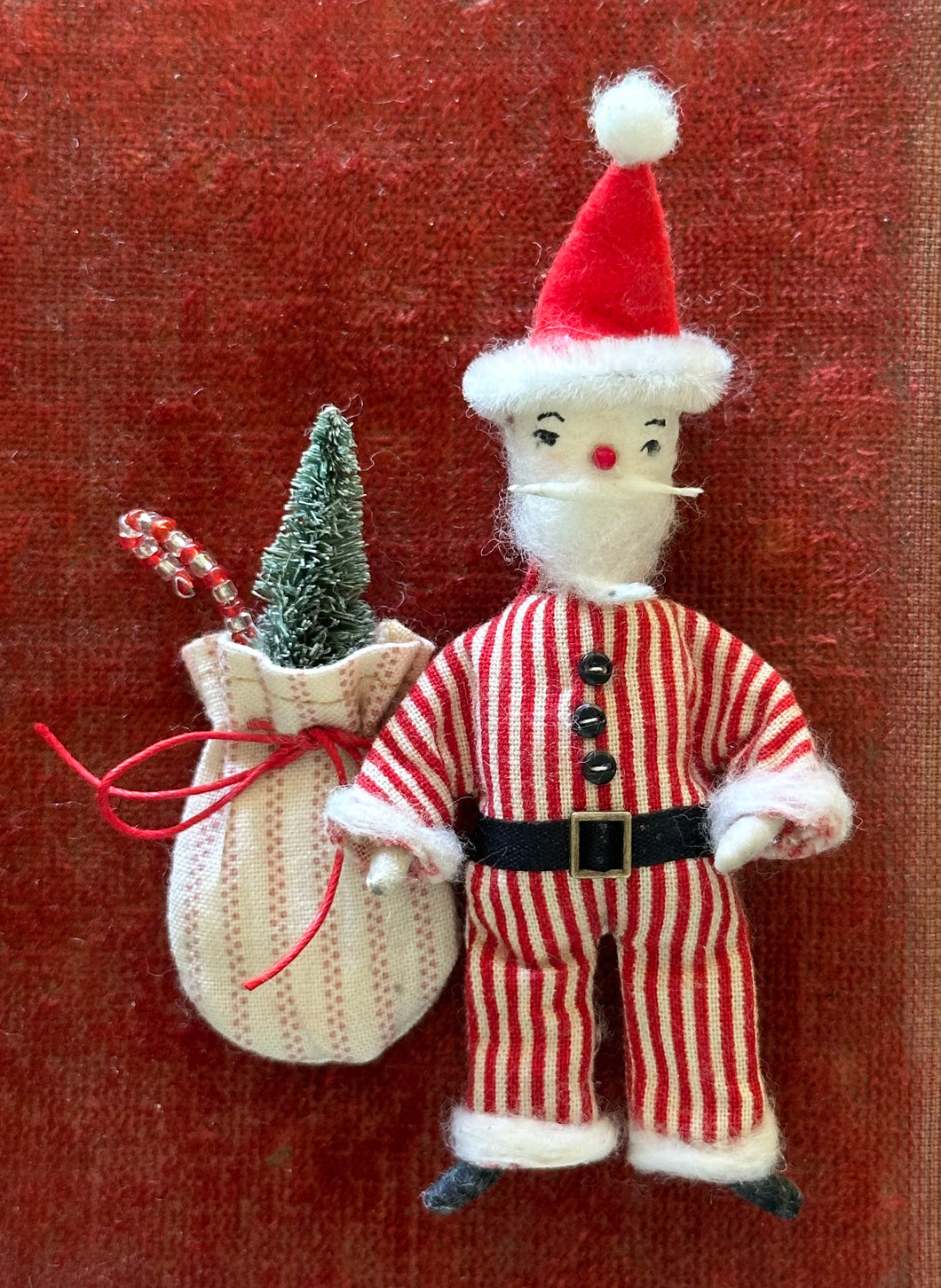 RESERVED FOR MARY Holiday Spun Cotton Santa with Stocking and Santa Sack