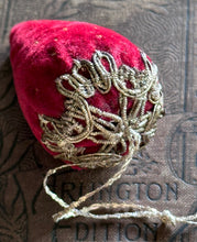 Load image into Gallery viewer, Vintage Red Velvet Strawberry Pincushion with Silver Bouillon Cap
