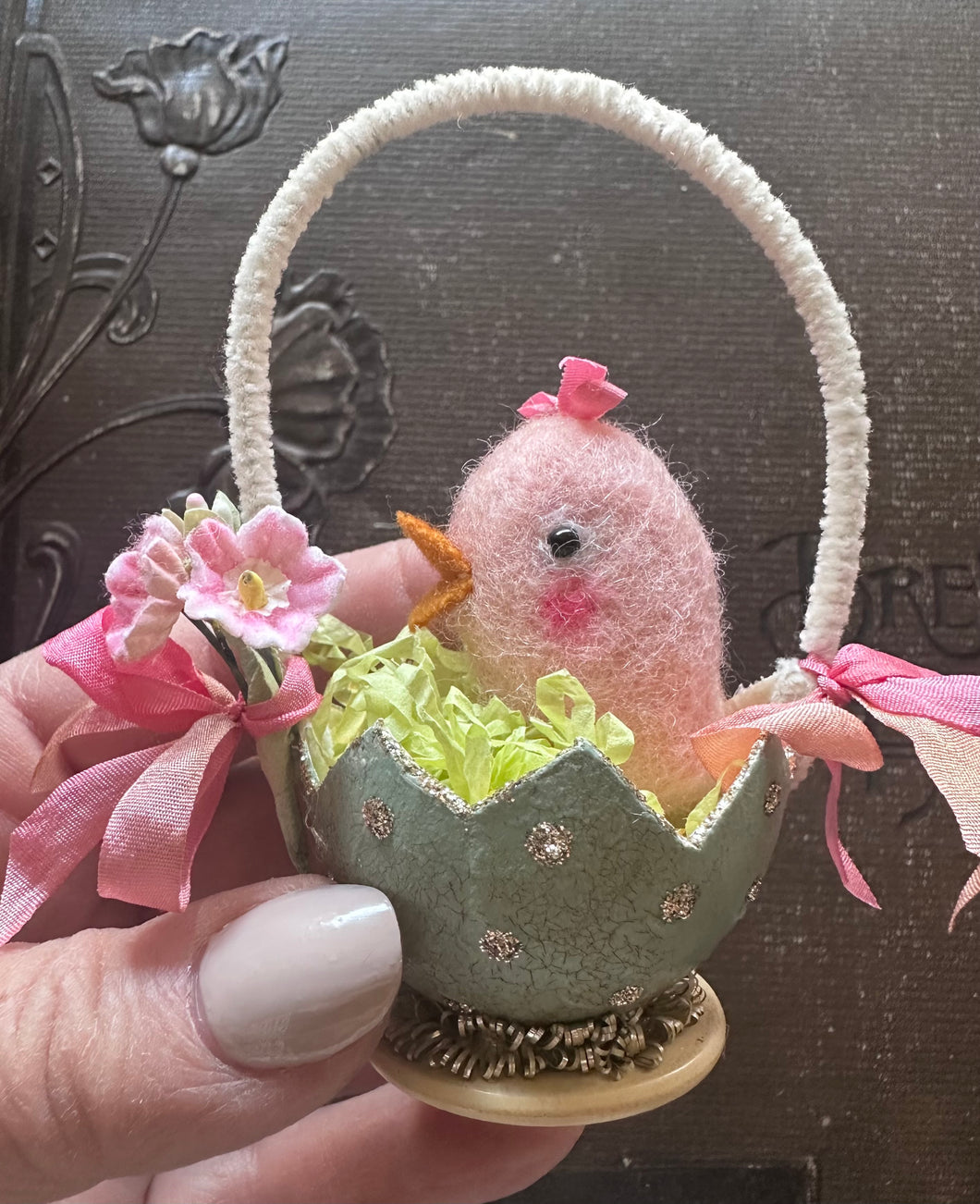 Tiny Needle Felted Pink Chick in a Spring Egg Basket