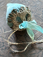 Load image into Gallery viewer, Vintage Aqua Blue Velvet Strawberry Pincushion with Silver Bouillon Cap
