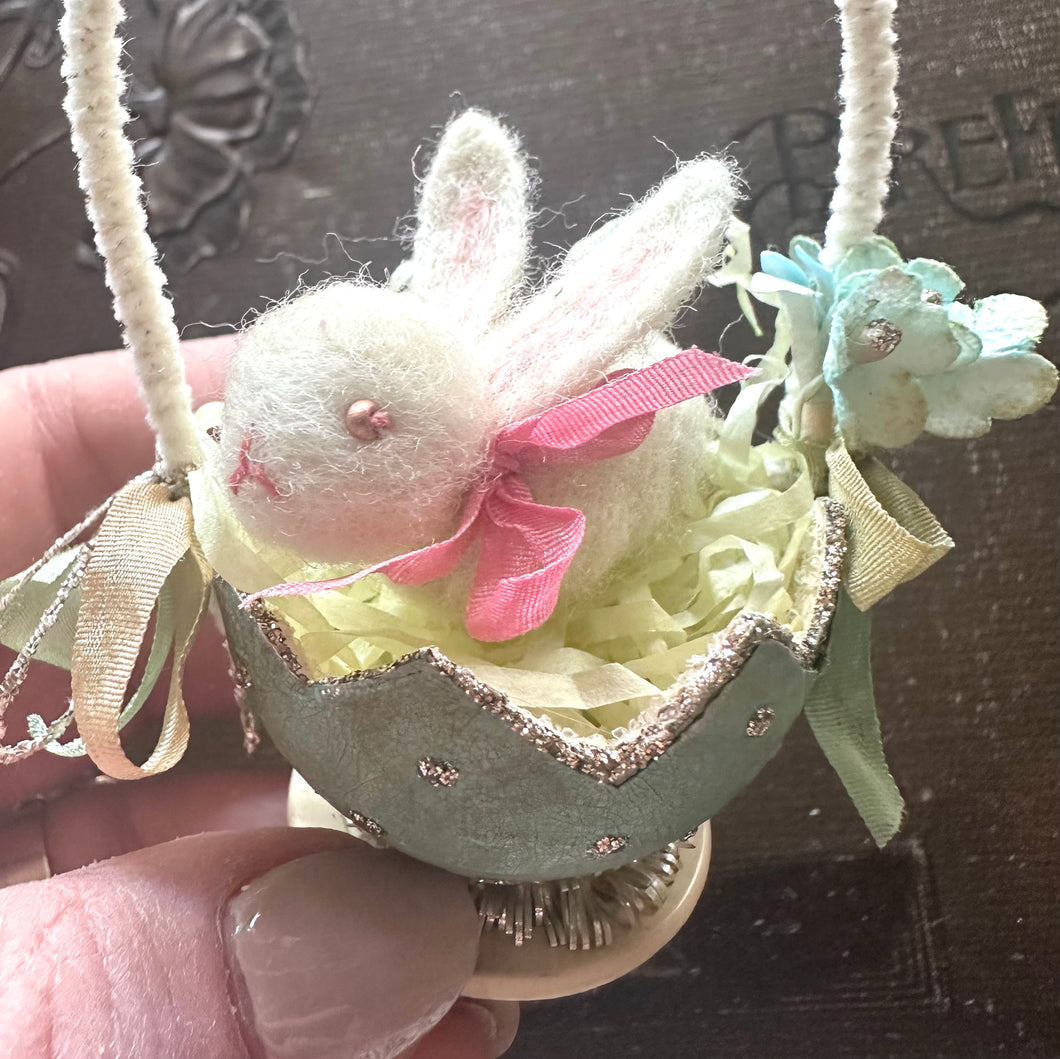 Tiny Needle Felted Bunny in an Aqua Blue Spring Egg Basket
