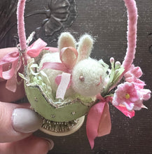 Load image into Gallery viewer, Tiny Needle Felted Bunny in a Spring Green Egg Basket
