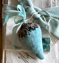 Load image into Gallery viewer, Vintage Aqua Blue Velvet Strawberry Pincushion with Silver Bouillon Cap
