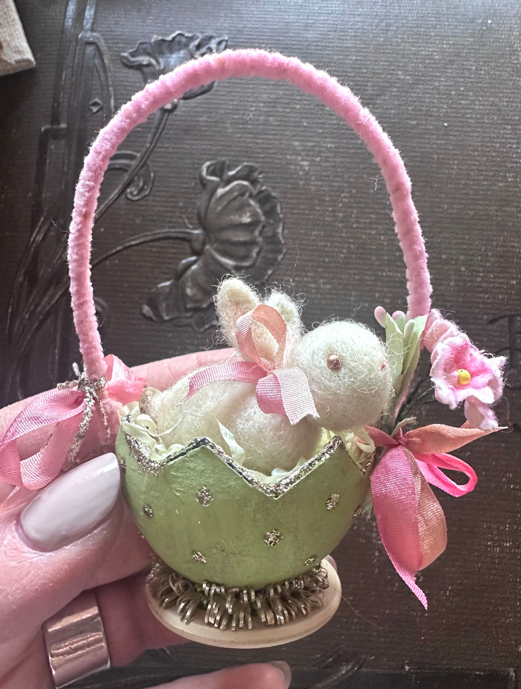 Tiny Needle Felted Bunny in a Spring Green Egg Basket