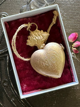 Load image into Gallery viewer, Sacred Heart Gold Locket Ornament  - Miniature Flaming Cross Heart Token
