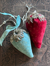 Load image into Gallery viewer, Vintage Red Velvet Strawberry Pincushion with Silver Bouillon Cap
