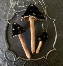 Load image into Gallery viewer, POISON BLACK Silk Velvet Mushroom Ornament Set of 3 Haunted Decorations
