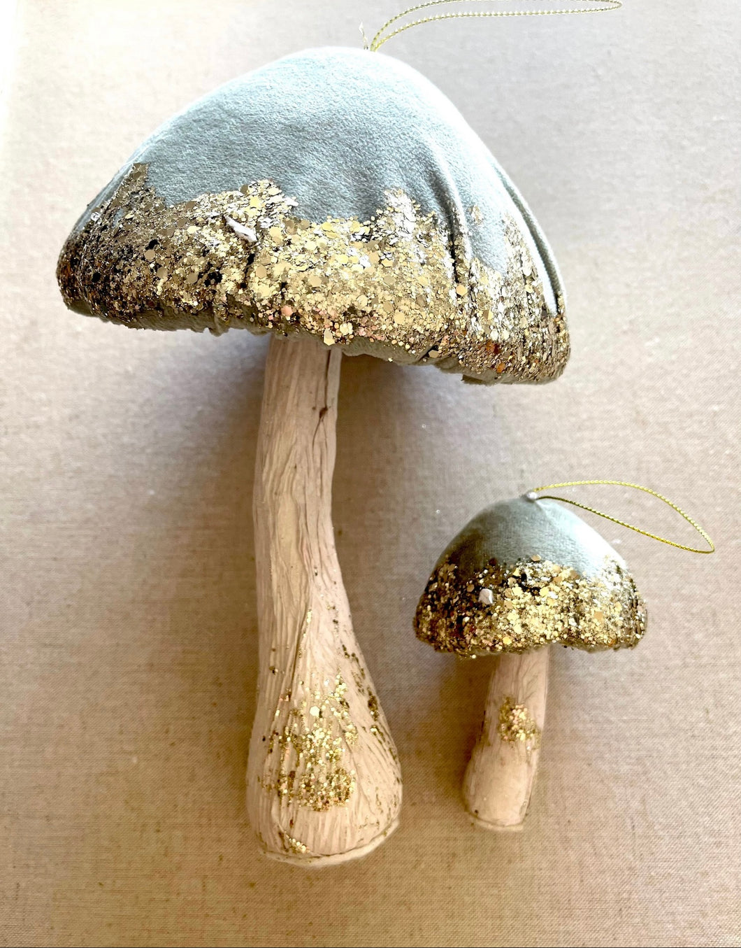 Giant Sage Green Velvet Mushroom Ornament Set of 2 Woodland Toadstool Glitter Decorations