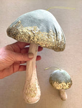 Load image into Gallery viewer, Giant Sage Green Velvet Mushroom Ornament Set of 2 Woodland Toadstool Glitter Decorations
