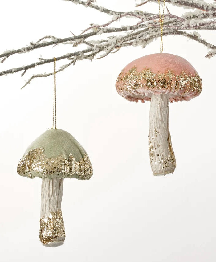 Velvet Mushroom Ornaments Woodland Pink Toadstool Glitter Decorations
