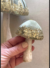 Load image into Gallery viewer, Giant Sage Green Velvet Mushroom Ornament Set of 2 Woodland Toadstool Glitter Decorations

