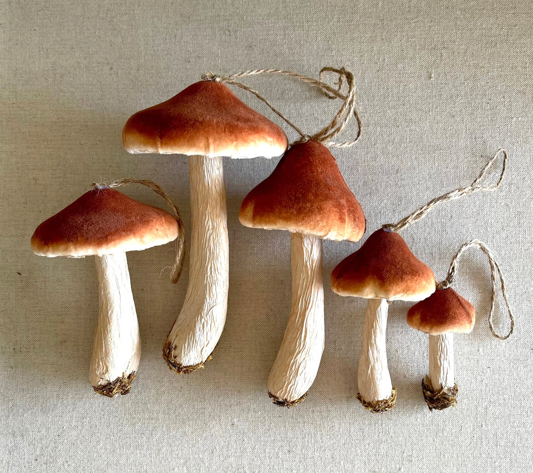 Brown Velveteen Mushroom Ornaments 6 Sizes