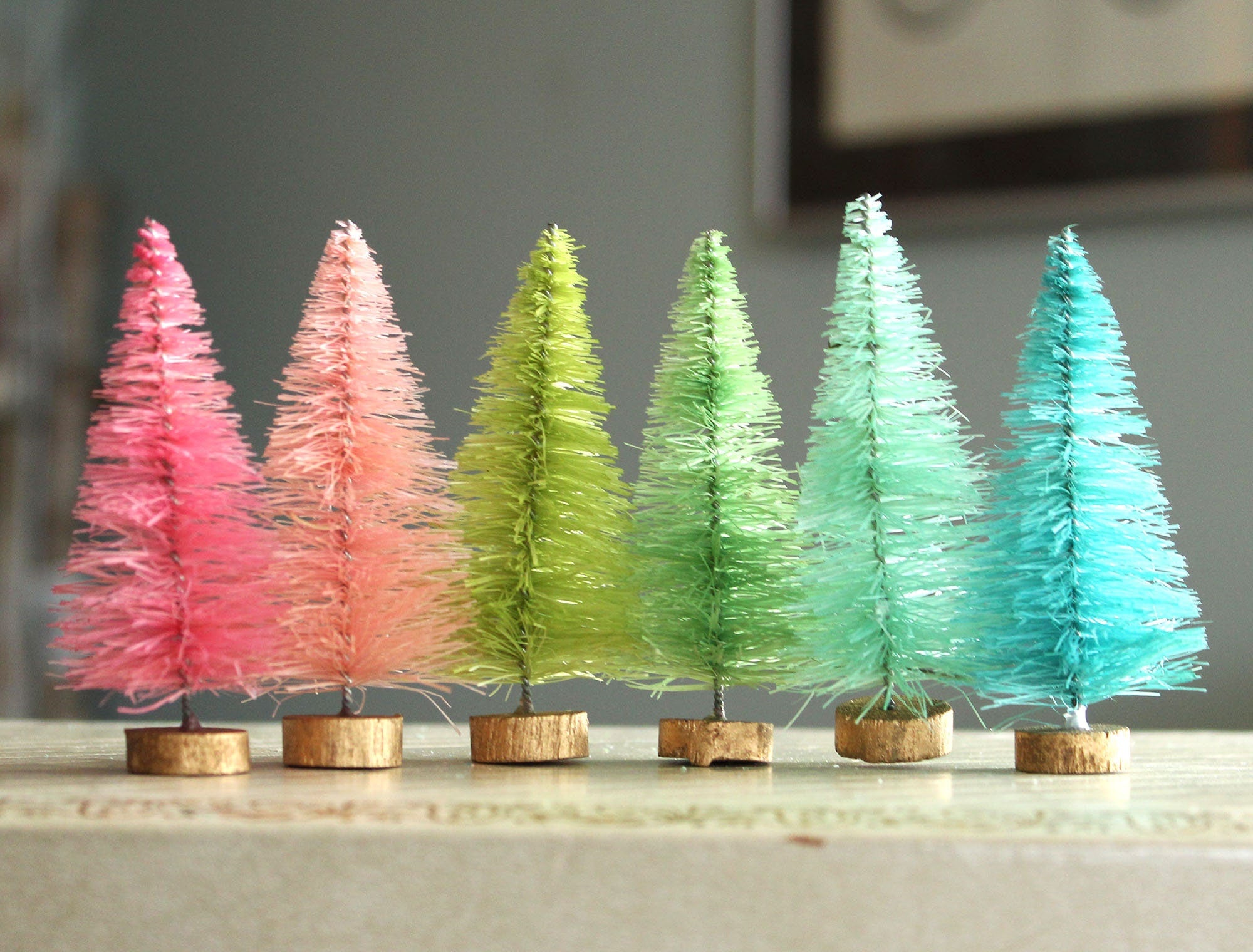 Pastel Bottle Brush Trees Set of 6 Gumdrop Tiny Trees 1-1/2 Inches Tall  Miniature Blythe Dollhoue Trees Retro Christmas Holiday 