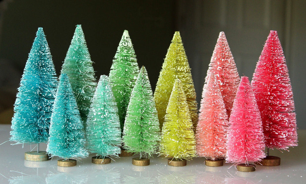 Rainbow Bottle Brush Tree Collection - Set of 6 inch and 4 Inch Retro Christmas Trees - Miniature Vintage Style Dollhouse Holiday Sisal Tree
