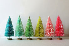 Load image into Gallery viewer, Rainbow Bottle Brush Tree Collection - Set of 6 inch and 4 Inch Retro Christmas Trees - Miniature Vintage Style Dollhouse Holiday Sisal Tree
