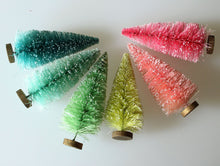 Load image into Gallery viewer, Rainbow Bottle Brush Tree Collection - Set of 6 inch and 4 Inch Retro Christmas Trees - Miniature Vintage Style Dollhouse Holiday Sisal Tree
