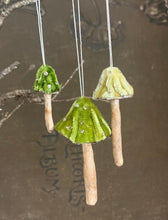 Load image into Gallery viewer, EMERALD GREEN Silk Velvet Mushroom Ornament Set of 3 - Made to Order Woodland Toadstools
