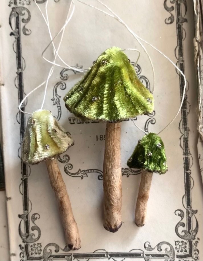 EMERALD GREEN Silk Velvet Mushroom Ornament Set of 3 - Made to Order Woodland Toadstools