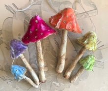 Load image into Gallery viewer, Silk Velvet Mushroom Rainbow - Set of 6 Woodland Velvet Toadstool Decorations - Made to Order Handmade Fairy Mushrooms Terrarium Display
