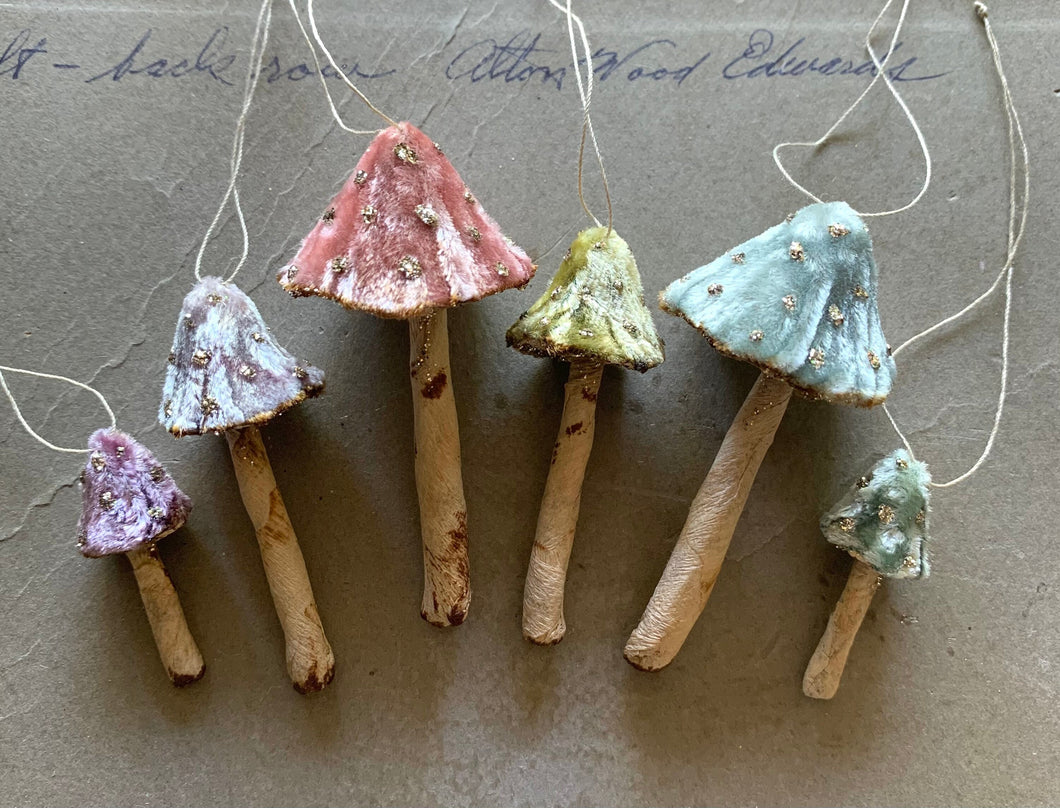 Silk Velvet Mushroom Rainbow - Made to Order Set of 6 Woodland Velvet Toadstool Decorations - Handmade Fairy Mushrooms Terrarium Display