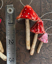 Load image into Gallery viewer, Red Silk Velvet Mushroom Ornaments Set of 6 Made to Order Woodland Velvet Toadstool Decorations - Handmade Fairy Mushrooms Display
