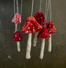 Load image into Gallery viewer, Red Silk Velvet Mushroom Ornaments Set of 6 Made to Order Woodland Velvet Toadstool Decorations - Handmade Fairy Mushrooms Display
