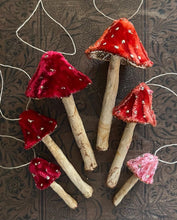 Load image into Gallery viewer, Red Silk Velvet Mushroom Ornaments Set of 6 Made to Order Woodland Velvet Toadstool Decorations - Handmade Fairy Mushrooms Display
